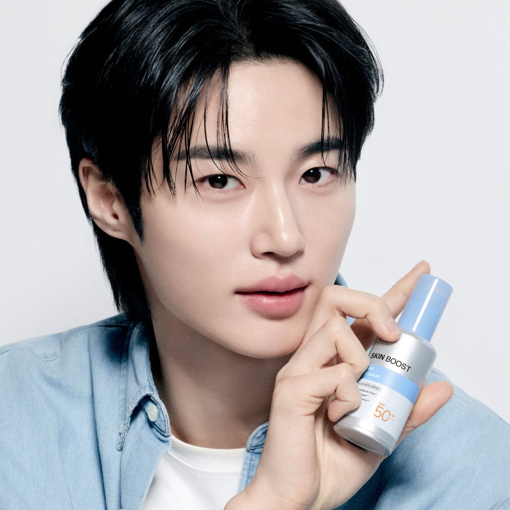 Model holding Dr.G Skin Boost PDRN Sun Serum SPF50+ PA++++ 50ml