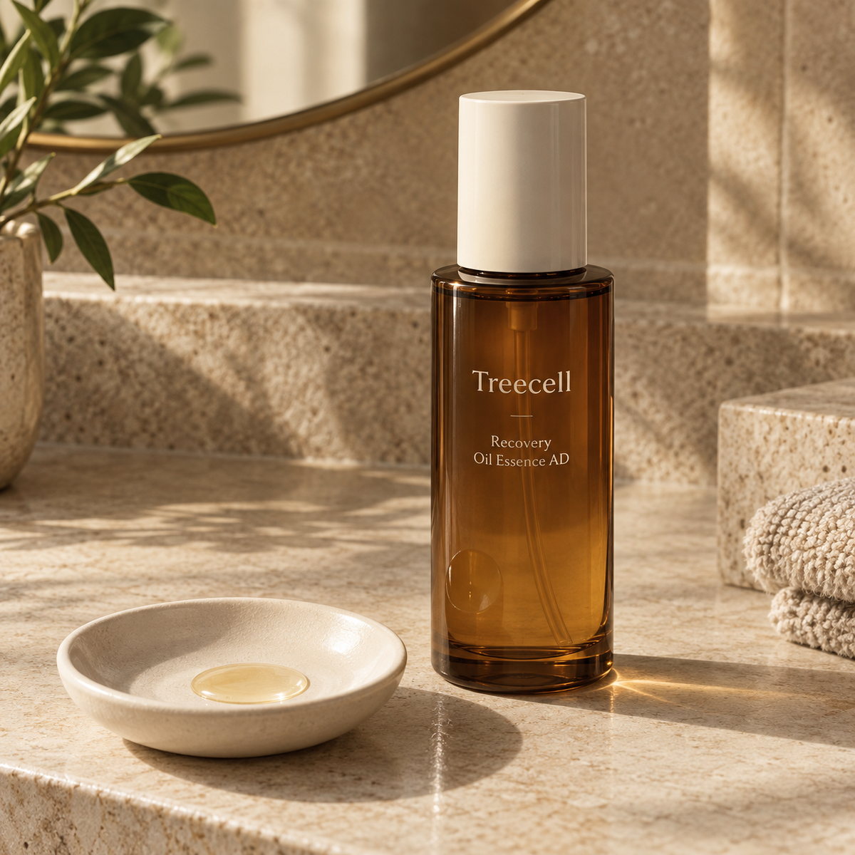 Treecell Recovery Oil Essence AD 100ml hair oil on a warm stone vanity