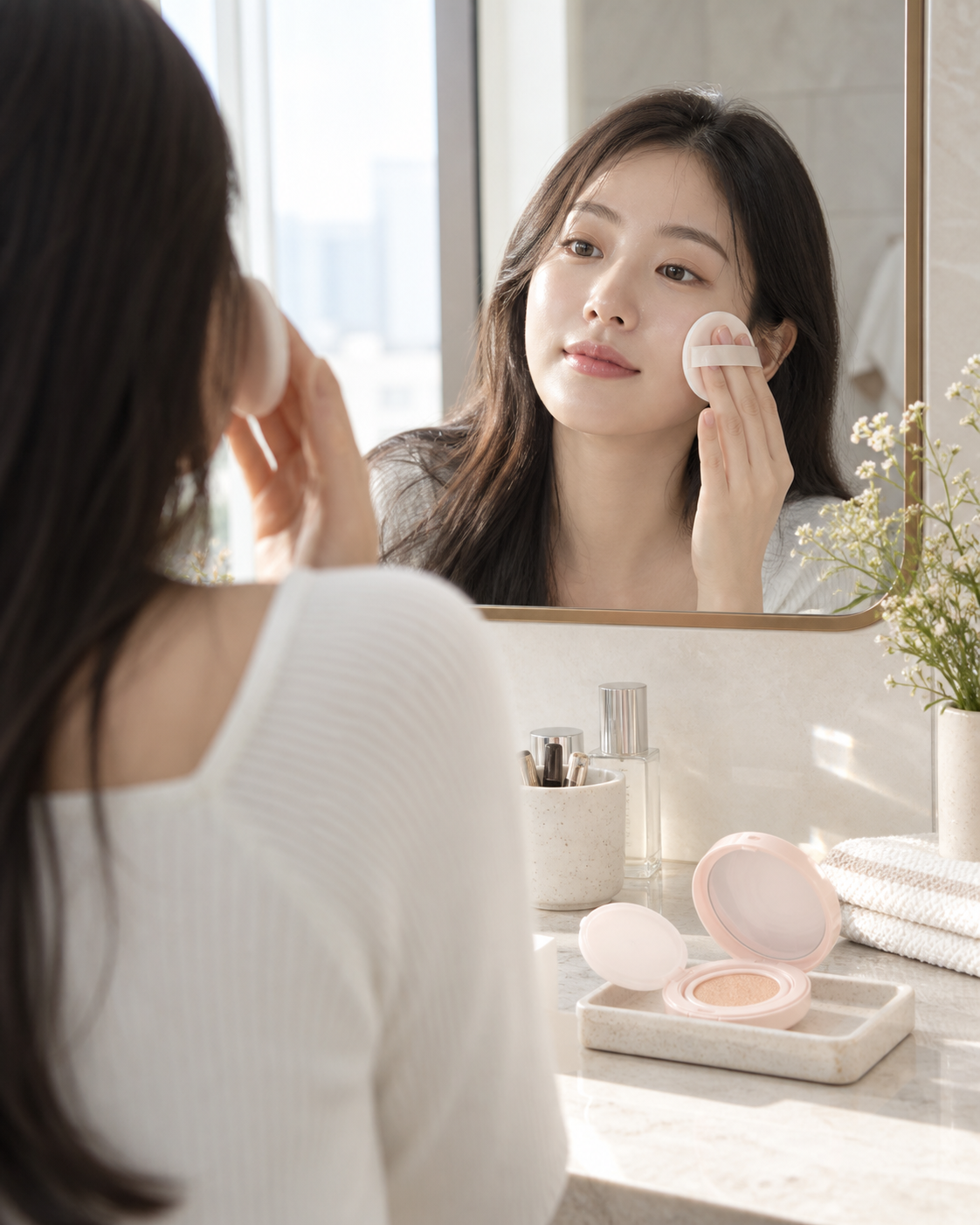 Person reapplying rom&nd Back Me Tone Up Sun Cushion SPF50+ with a puff, supplemental lifestyle visual