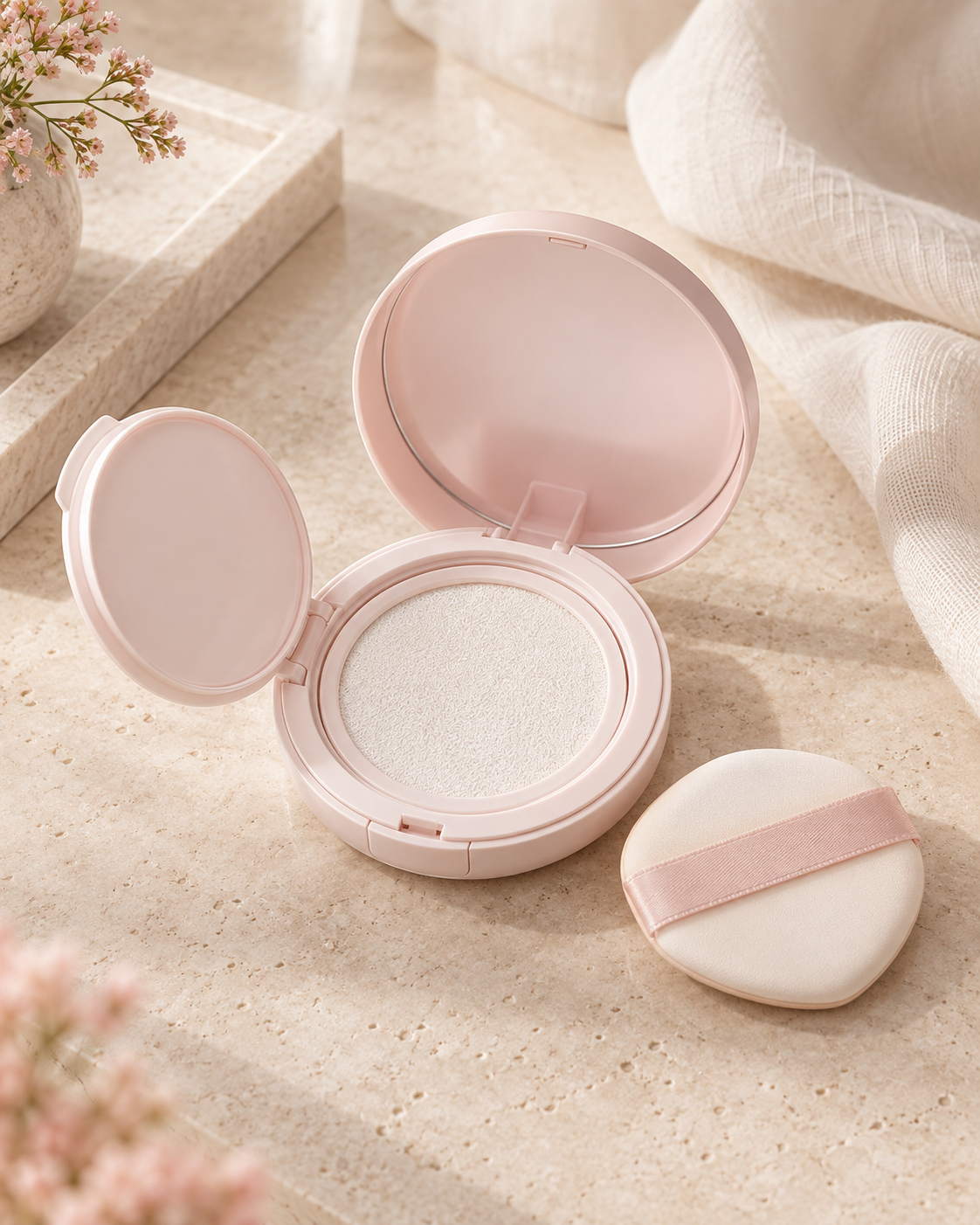 rom&nd Back Me Tone Up Sun Cushion SPF50+ open compact and puff, supplemental lifestyle visual