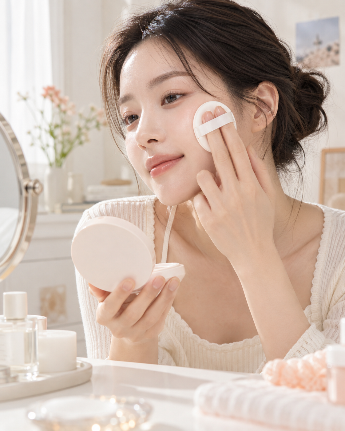 Person applying rom&nd Back Me Tone Up Sun Cushion SPF50+ to cheek, supplemental lifestyle visual