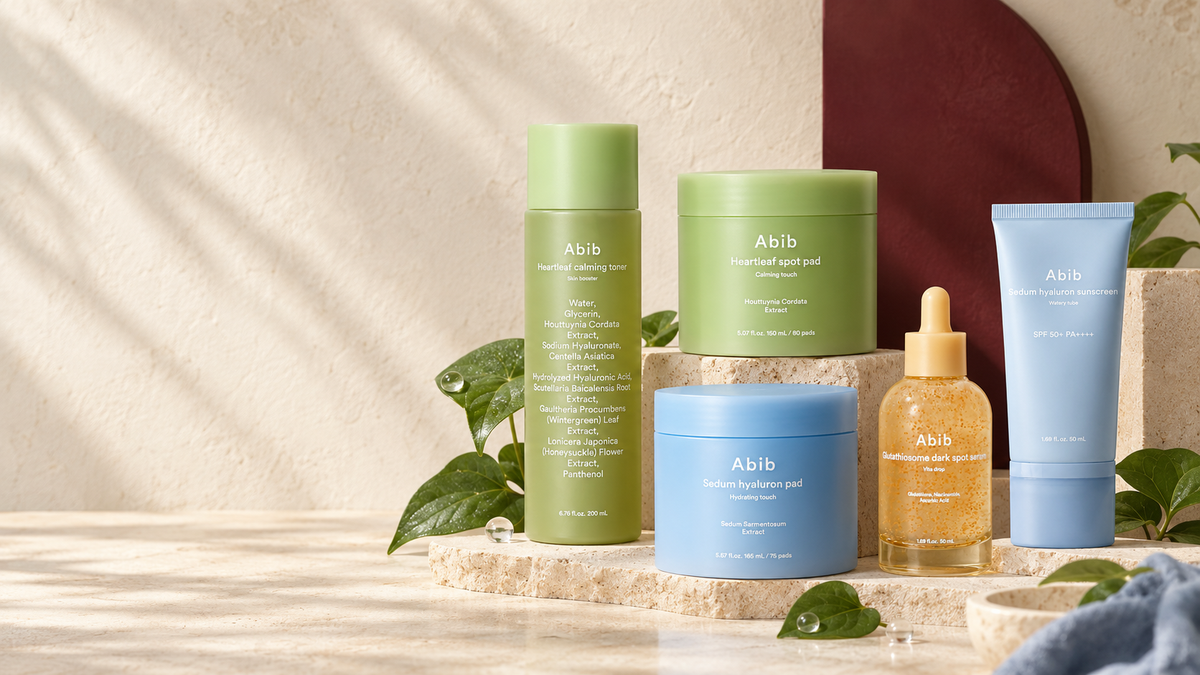 Abib Heartleaf, Sedum Hyaluron and Glutathiosome skincare arranged in a premium still life