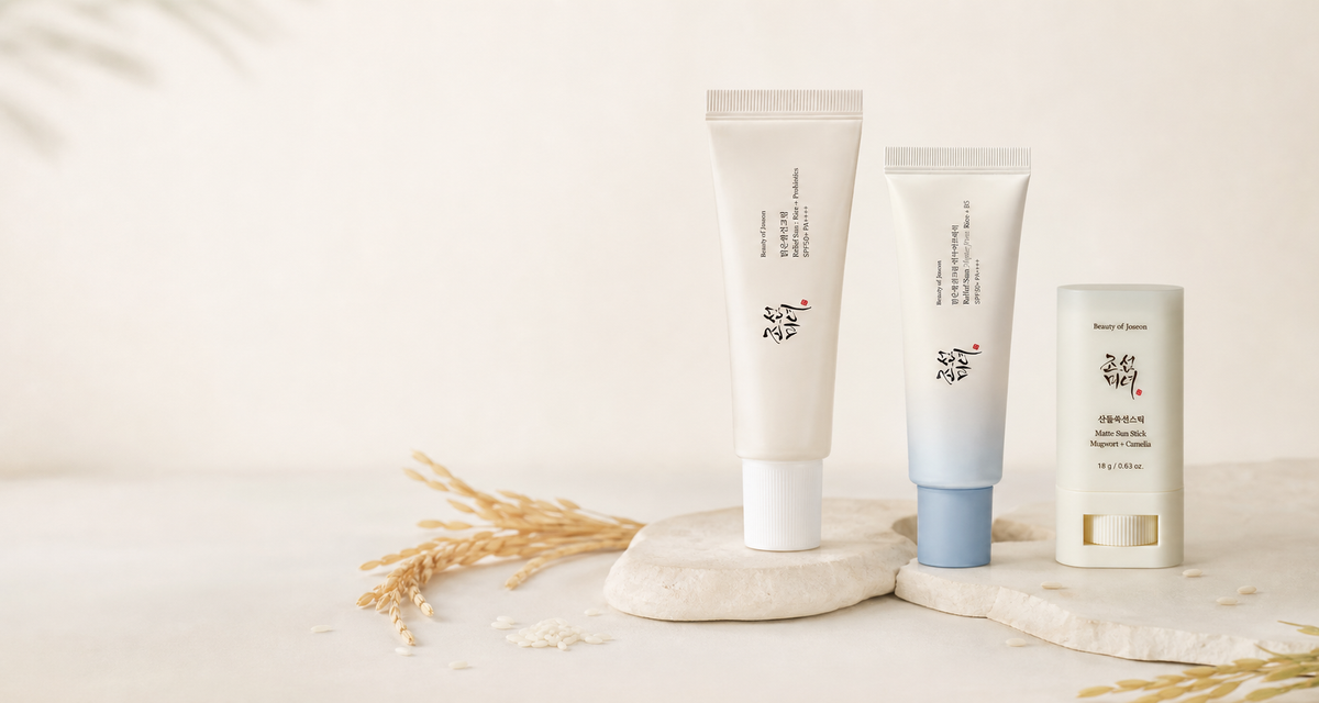 Beauty of Joseon Relief Sun, Relief Sun Aqua-Fresh, and Matte Sun Stick arranged in a wide sunscreen guide banner
