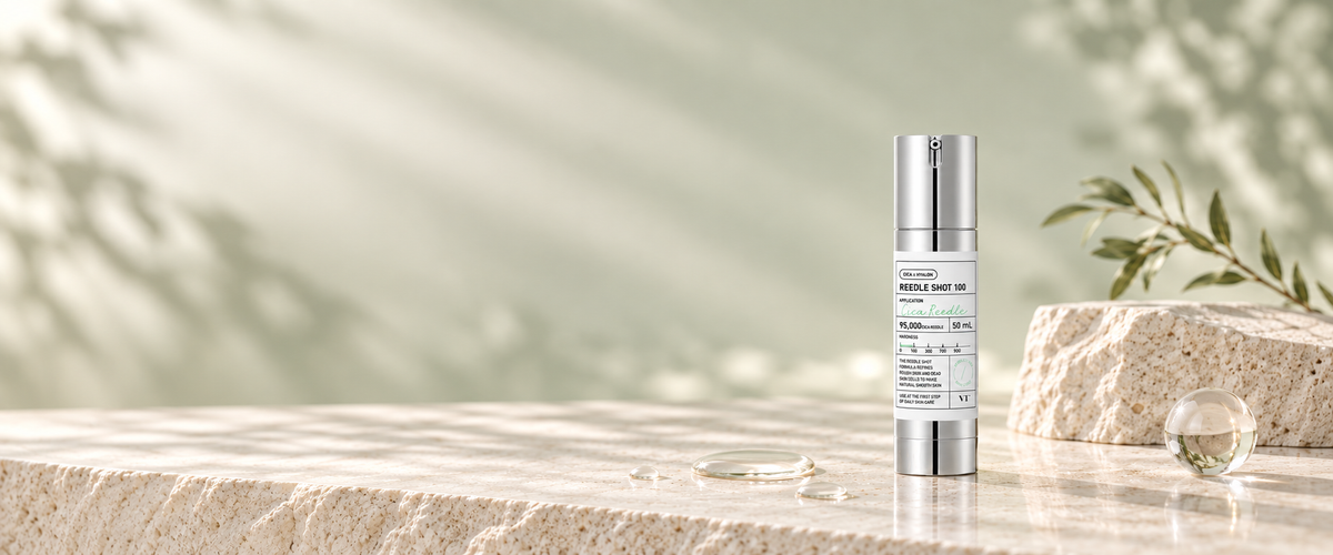VT Cosmetics Reedle Shot 100 in a spacious K-beauty actives editorial setting