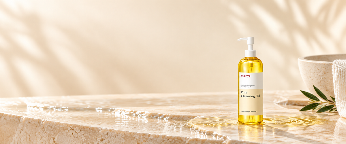ma:nyo Pure Cleansing Oil in a spacious Korean double-cleansing editorial setting