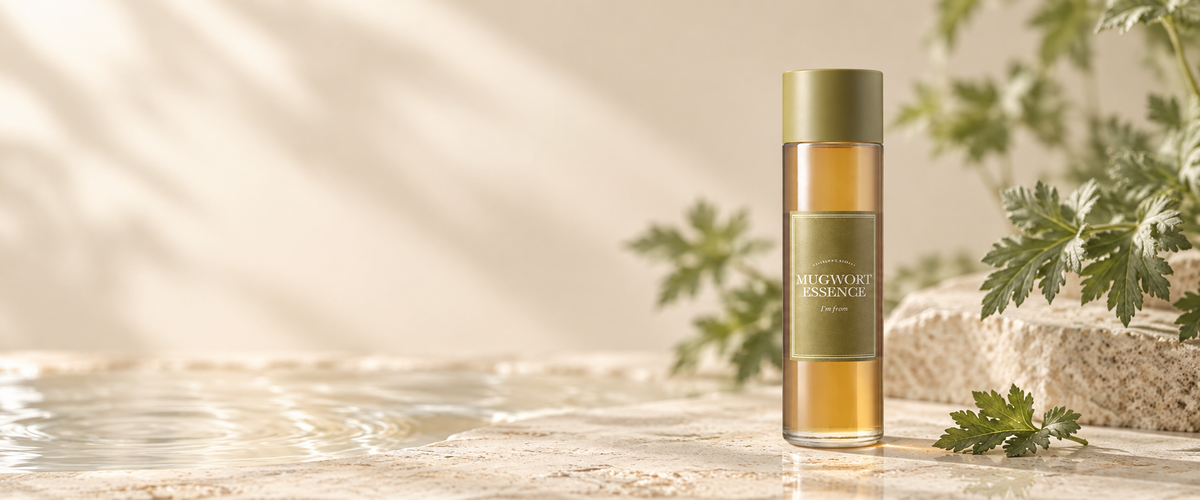 I'm From Mugwort Essence in a calm Korean skincare setting