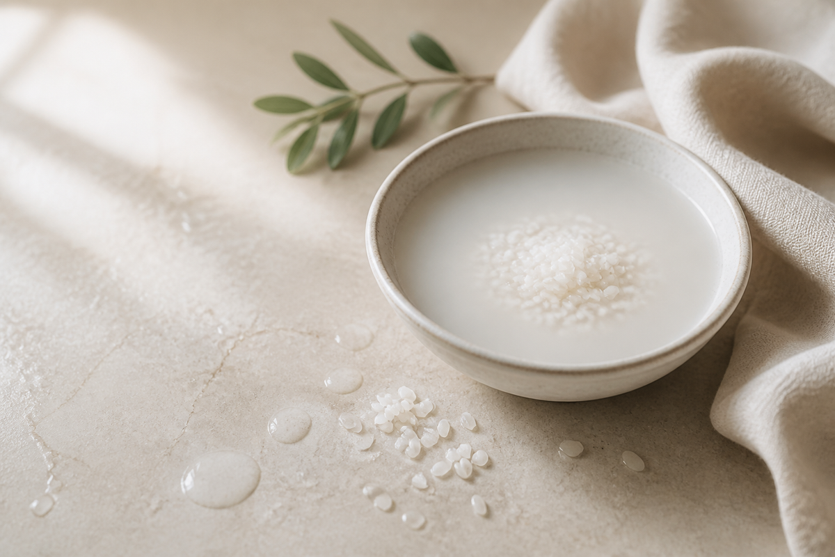 Editorial rice-water hydration texture in a ceramic bowl with soft linen