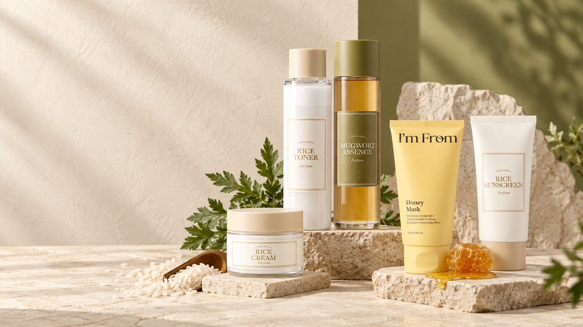 I'm From Rice, Mugwort, Honey and Rice Sunscreen arranged in a premium Korean skincare still life