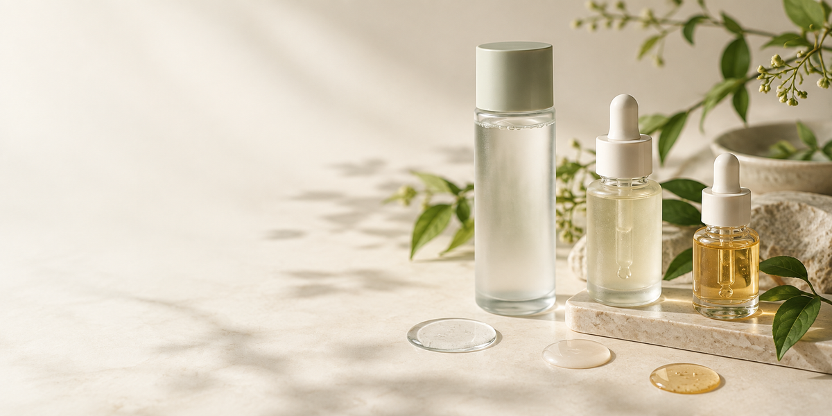 Koreanska essence-, serum- och ampullformat i en premiumredaktionell hudvårdsbild