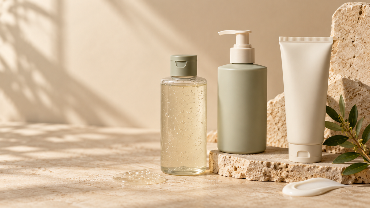 Premium editorial still life of Korean body-care textures and unbranded packaging