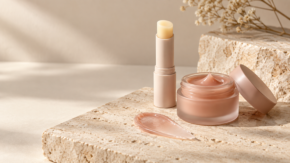 Premium editorial still life of Korean lip-care textures and unbranded packaging