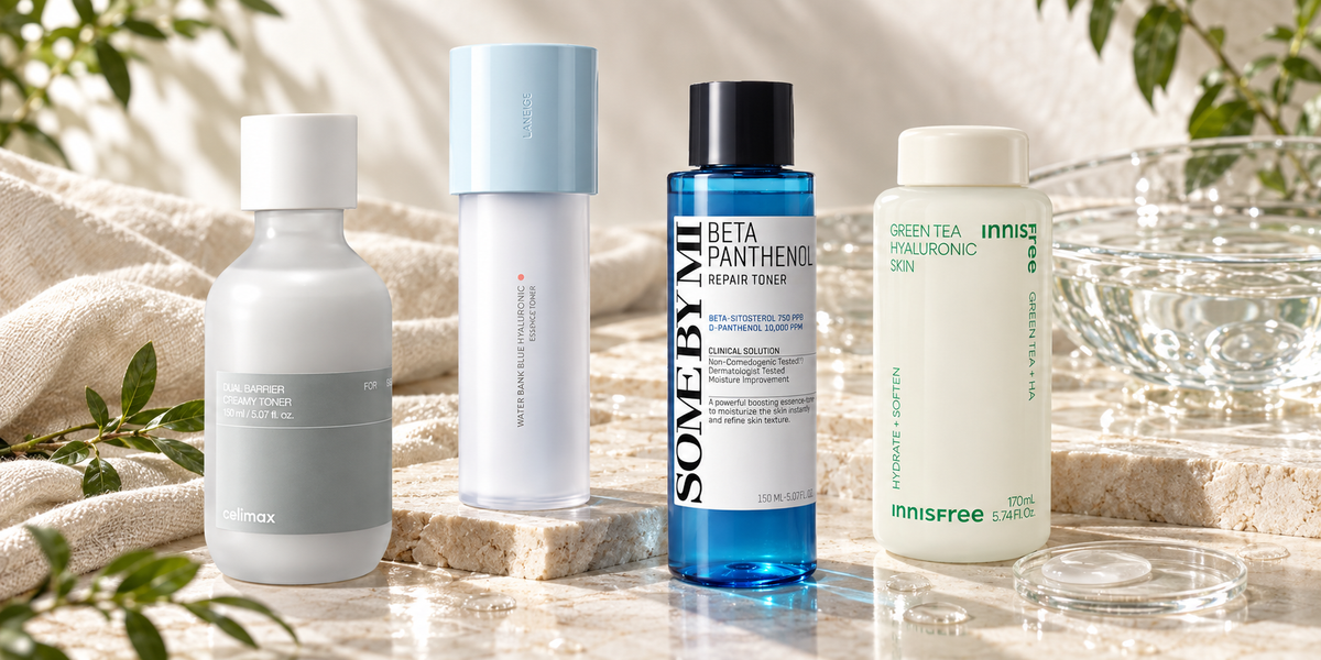 Celimax, Laneige, SOME BY MI and Innisfree hydrating toners in a premium editorial still life