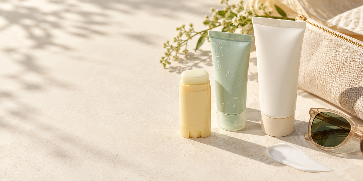Korean sunscreen stick, gel and cream formats in a premium skincare editorial still life