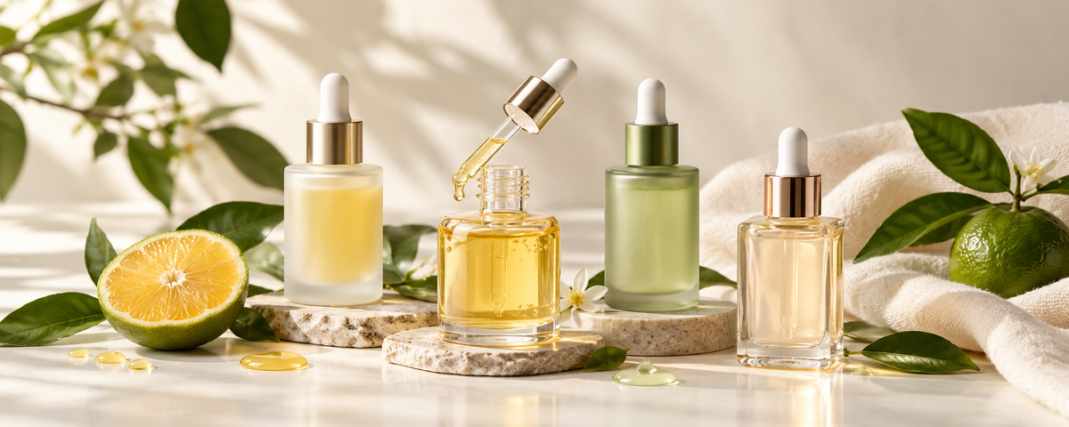 Premium Korean skincare still life with unbranded vitamin C and brightening serum bottles, citrus and green leaves