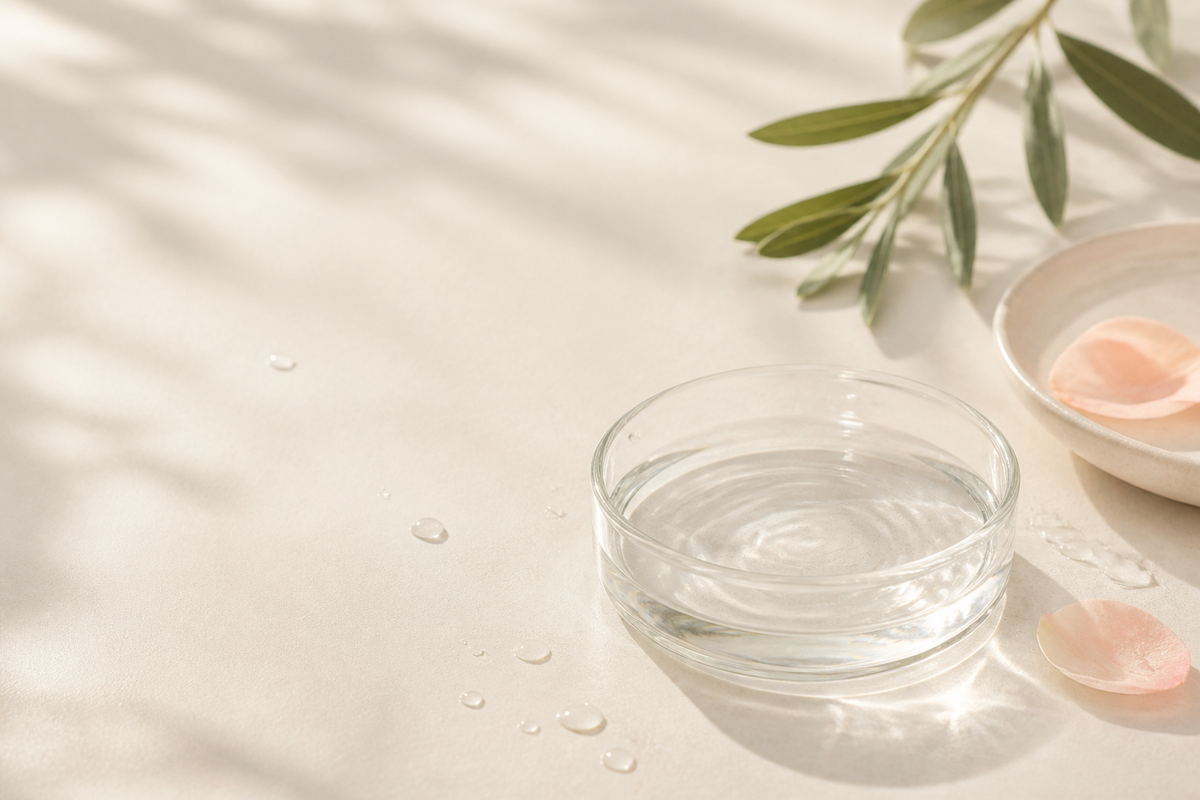 Editorial still life with water and soft light representing hydrated, dewy skin