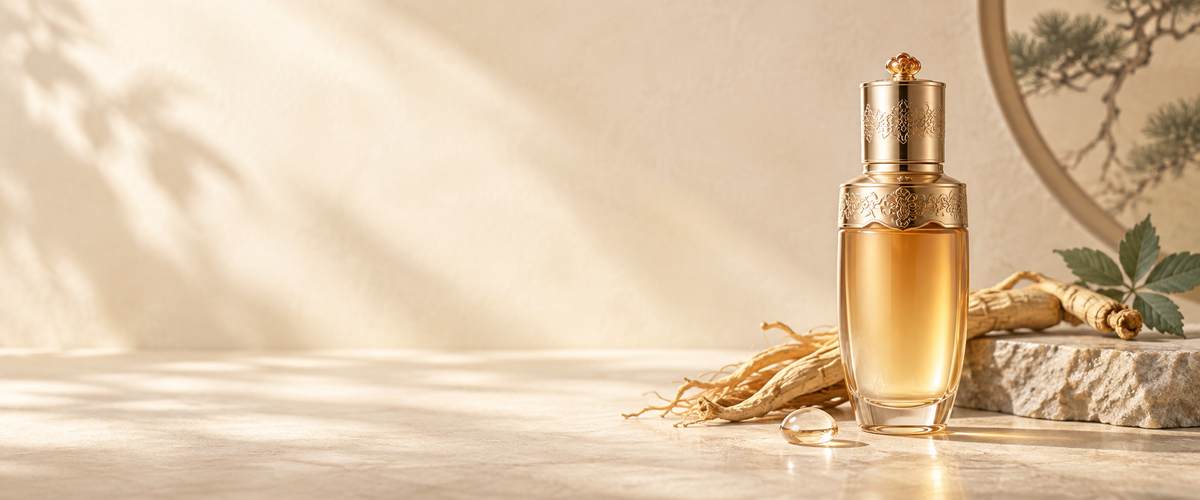 Warm ivory and gold Korean skincare essence with ginseng roots in a premium editorial setting