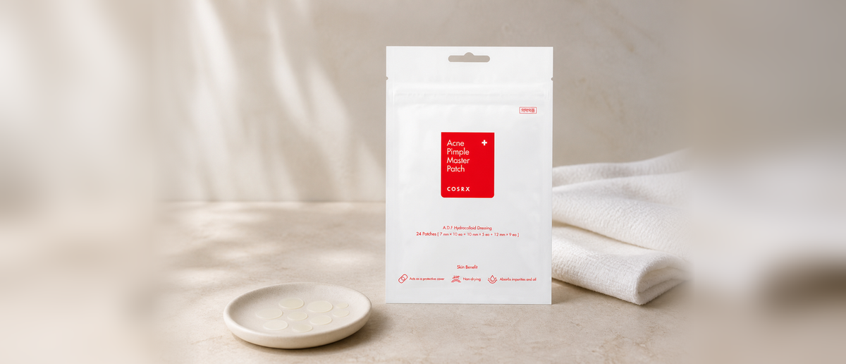 Wide COSRX Acne Pimple Master Patch editorial still life for a Korean skincare guide