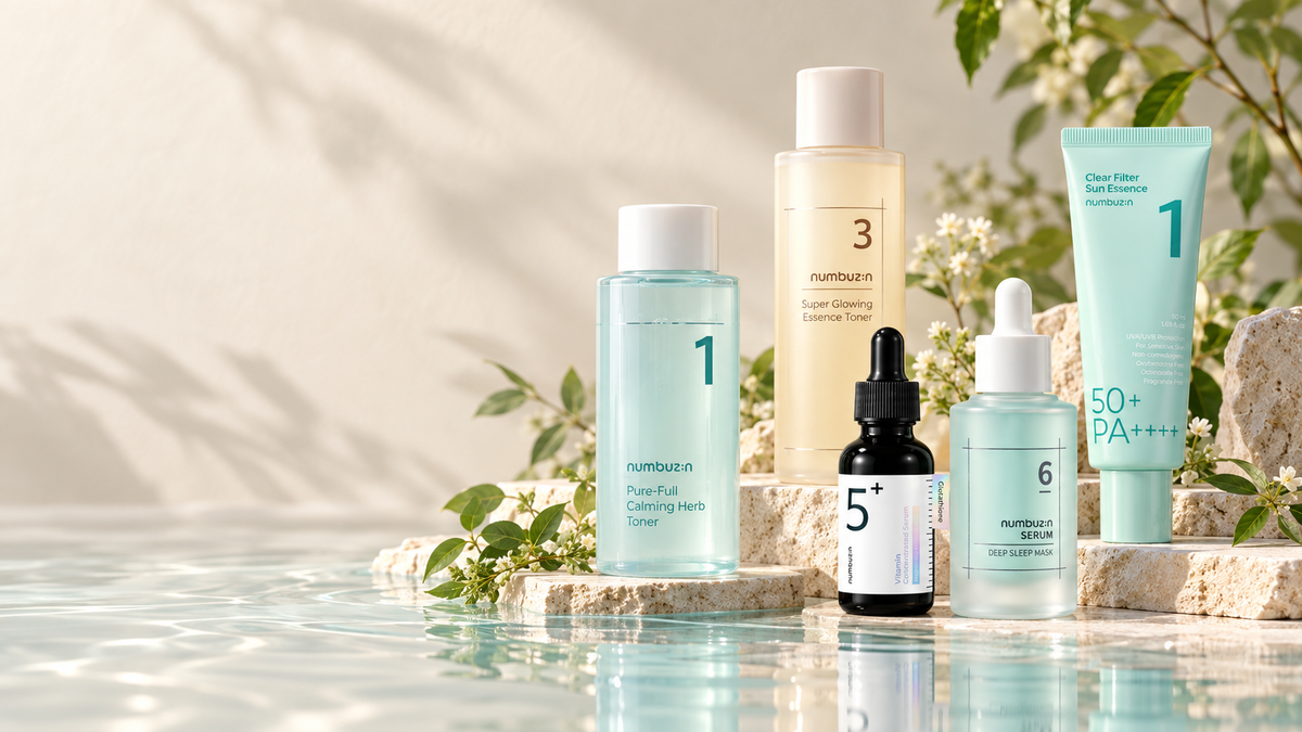 Numbuzin No.1, No.3, No.5, No.6 and SPF products arranged in a premium Korean skincare still life