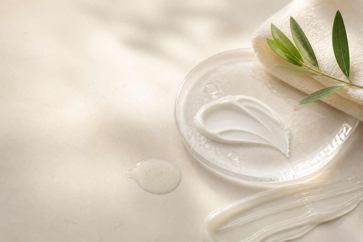 Editorial skincare still life with calming cream textures, soft linen, and a botanical leaf for a skin barrier repair guide