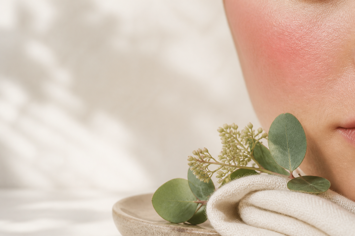 Editorial skincare image showing calm skin, soft blush tones, and botanical barrier-care details