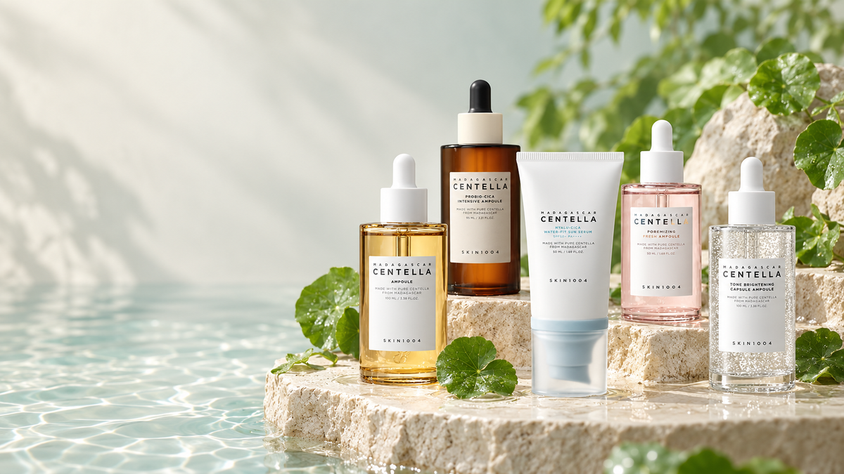 SKIN1004 Madagascar Centella, Probio-Cica and Hyalu-Cica products arranged in a premium Korean skincare still life