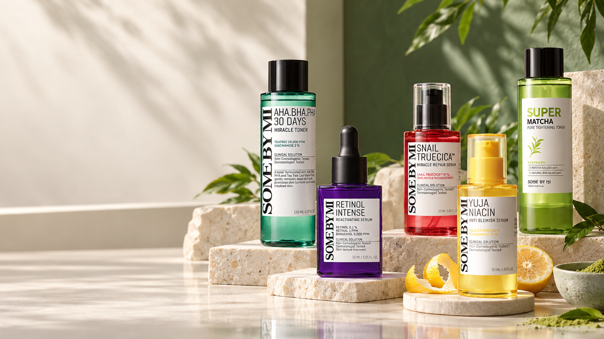 SOME BY MI AHA-BHA-PHA, Retinol Intense, Snail Truecica, Yuja Niacin and Super Matcha products arranged in a premium Korean skincare still life