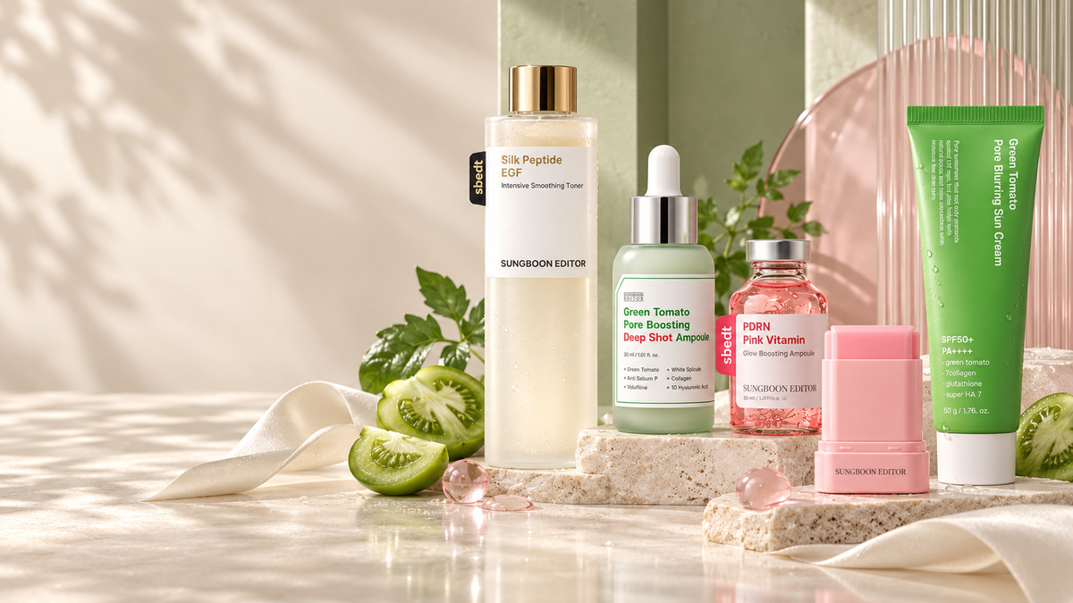 SUNGBOON EDITOR Green Tomato, Silk Peptide EGF and PDRN Pink products arranged in a premium Korean skincare still life