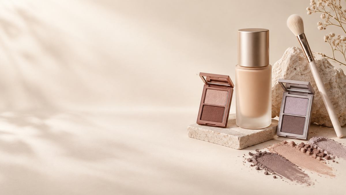 Warm ivory Korean makeup still life with rose and lavender eyeshadow, foundation, and makeup brush