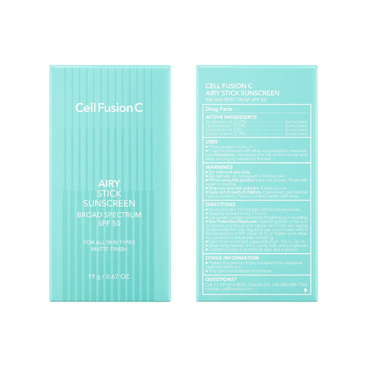 CellFusionC Airy Stick Sunscreen U.S. Drug Facts and package details