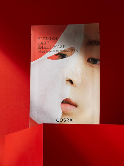 COSRX AC Collection Blemish Care Sheet Mask displayed on a red background