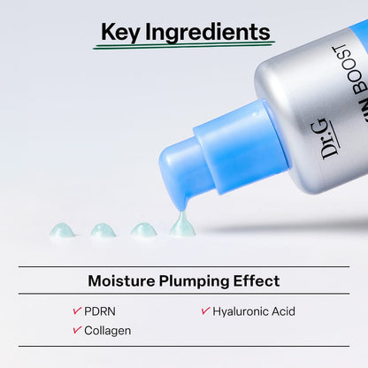 Dr.G Skin Boost PDRN Sun Serum pump and formula detail in an official ingredient graphic