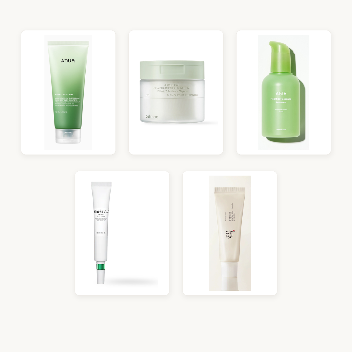 Five-product blemish-prone skincare set using authentic Anua, celimax, Abib, SKIN1004 and Beauty of Joseon product photos